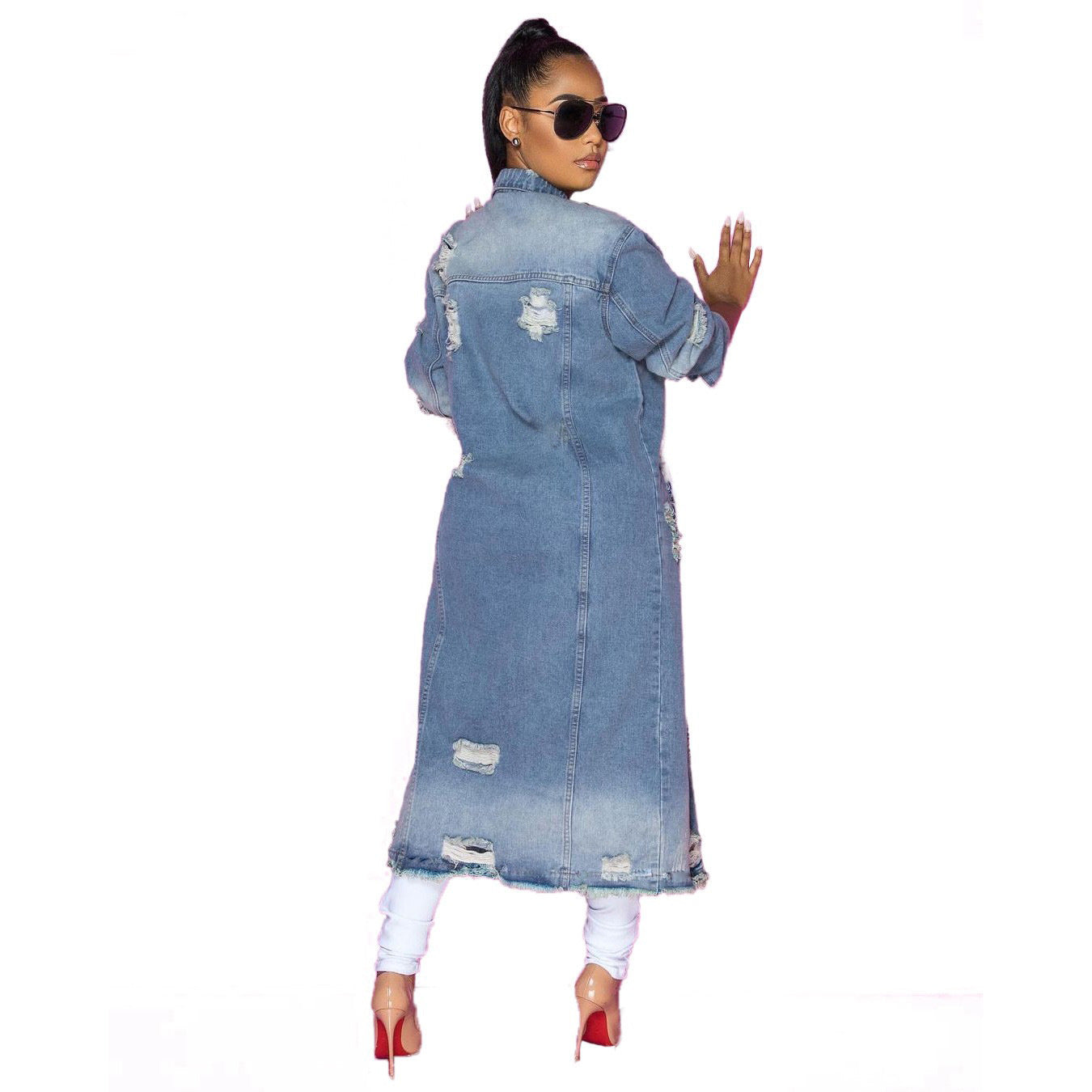 Women's Version Blue With Holes Washed Loose Jackets