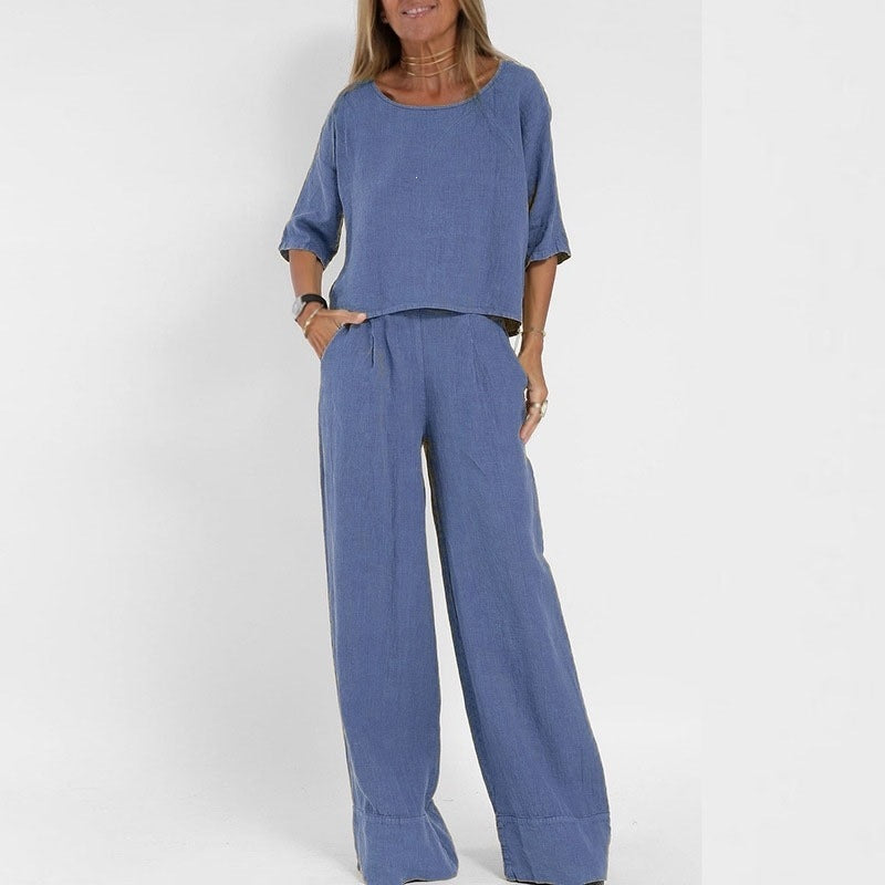 Women's Summer Solid Color Cotton Linen Sleeve Loose Wide Fashion Casual Suit