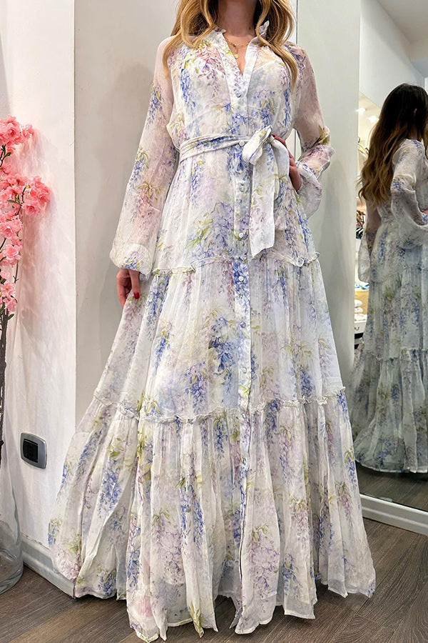 Women's Chiffon Printed Dress Large Swing Belt Dresses