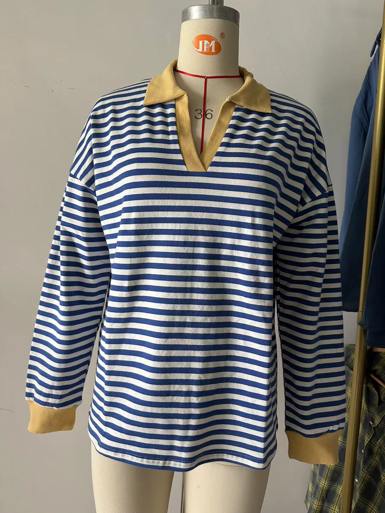 Women's Color Lapels Loose Long Sleeve Striped Women's Sweater, Sweater