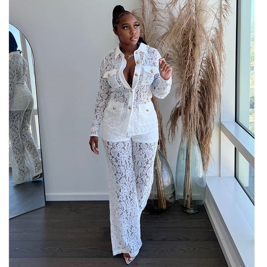 Women's Autumn Fashion Crocheted Lapel Long Sleeve Suits