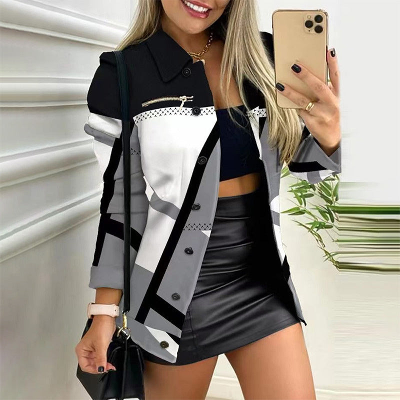 Women's Long-sleeved Single-breasted Zipper Printing Lapel Jackets