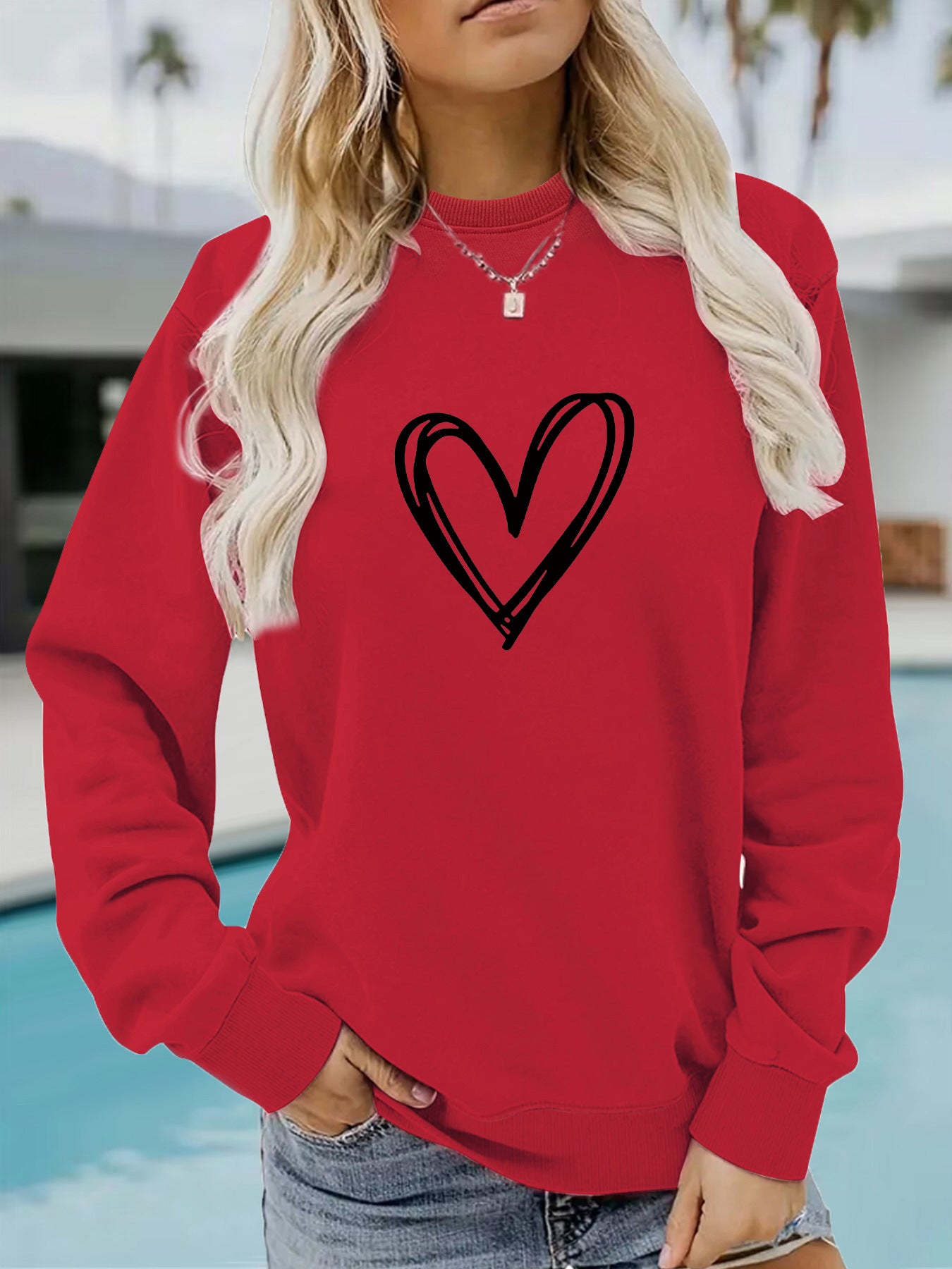 Women's Casual Long-sleeved Round Neck Heart Shape Printed Women's Sweater, Sweater