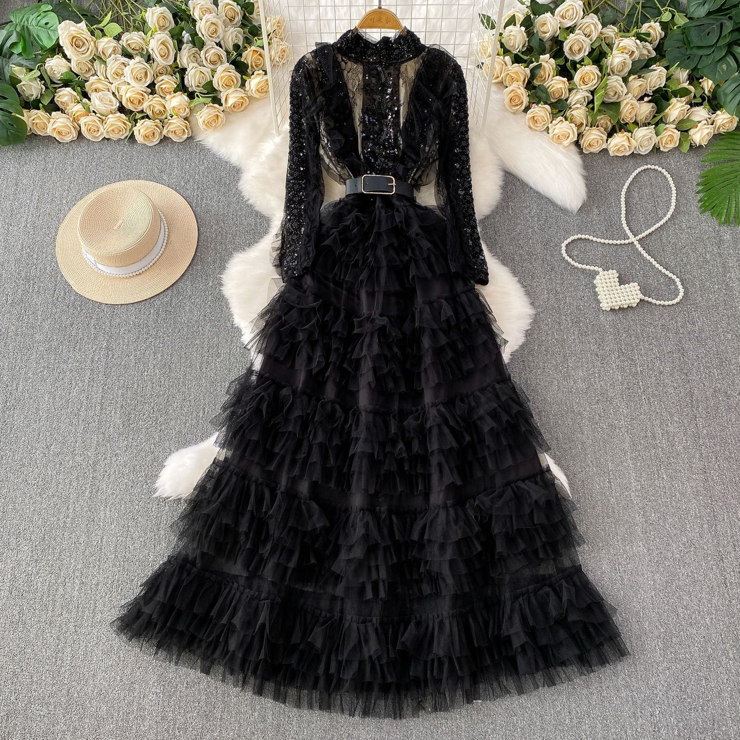 Lux Sequined Embroidered Beads Cinched Mesh Tulle Dresses