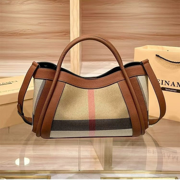 Stylish Genuine Leather Plaid Canvas Vegetable Handbags