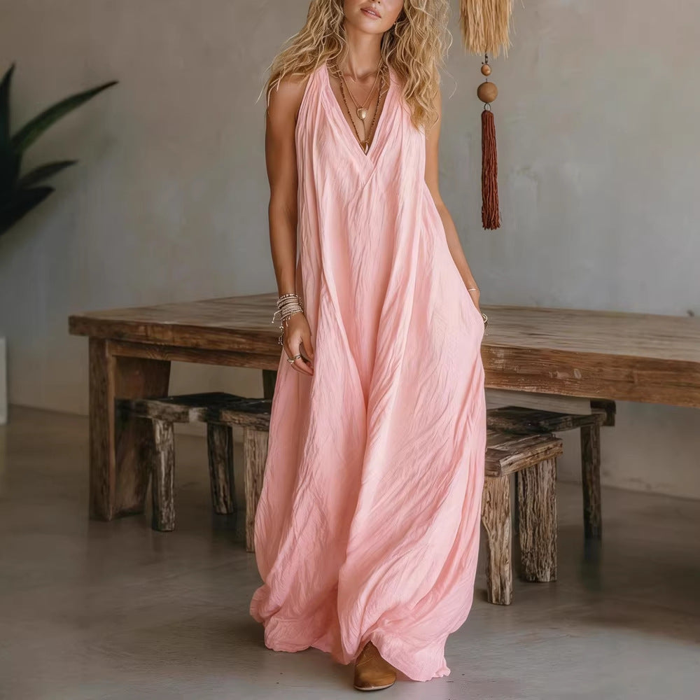 Women's Casual Sleeveless Loose Pockets Cotton Linen Jumpsuits