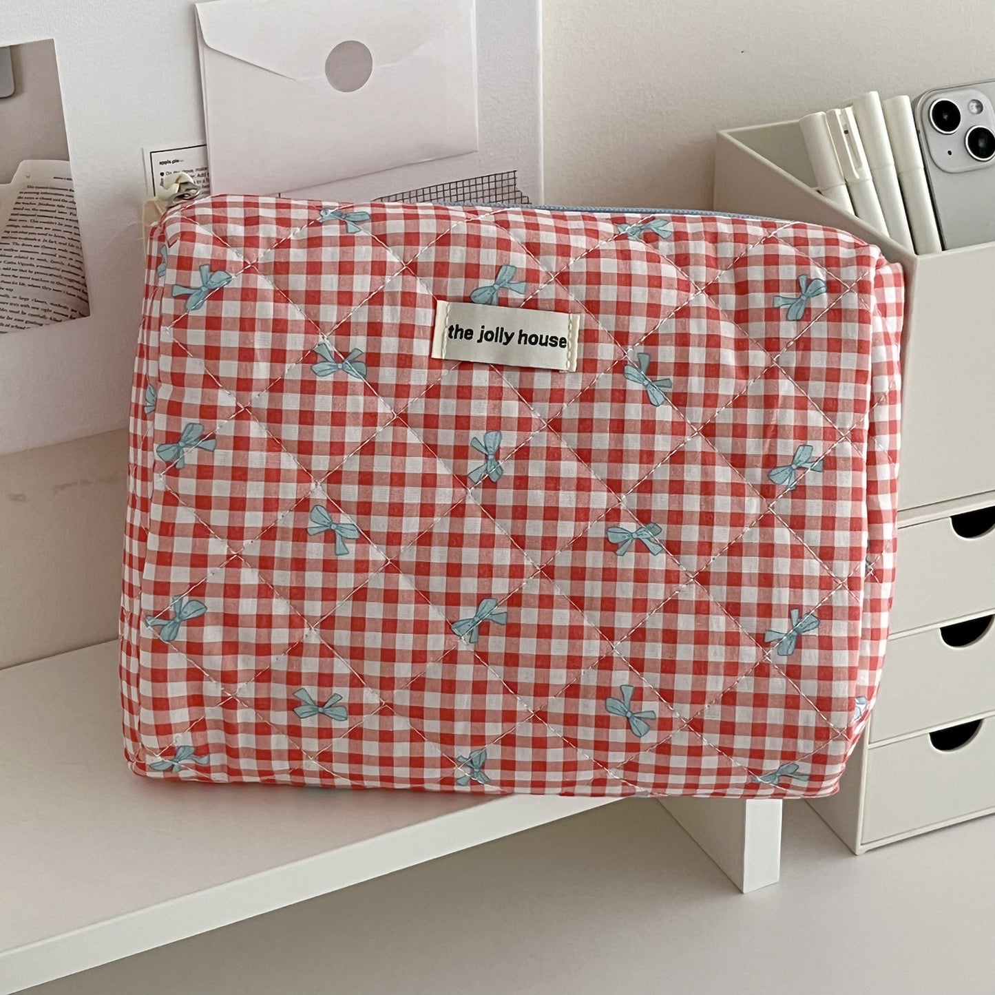 Plaid Bow Large Capacity Sweet Quilted Cosmetic Bags