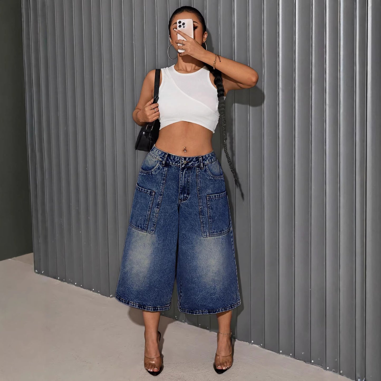 Women's Denim Retro Washed Loose Cropped Pants