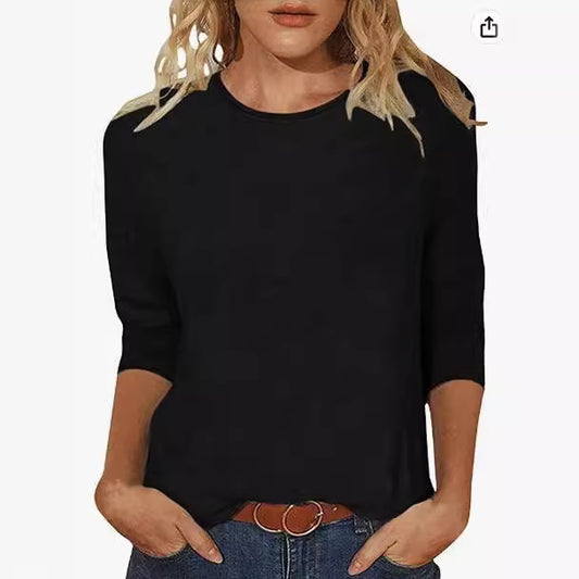 Women's Round Neck Printed Solid Color Three-quarter Women's T-shirt
