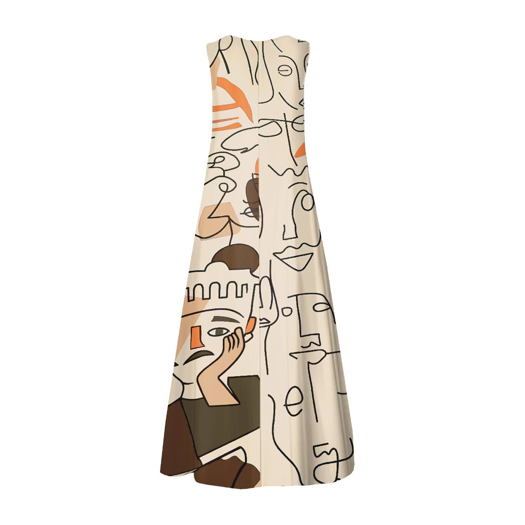 Women's Round Neck Printed Sleeveless Large Long Dress