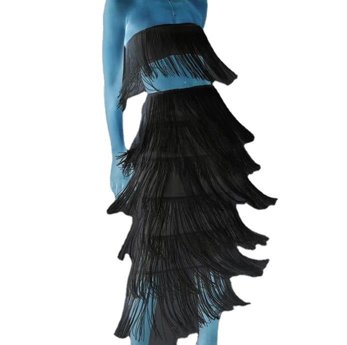 Durable Two-piece Tube Tassel Maxi Dress Suits