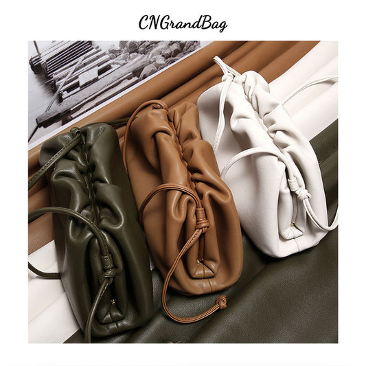 Women's Color Soft Cowhide Pleated Dumpling Fashion Trendy Crossbody Bags