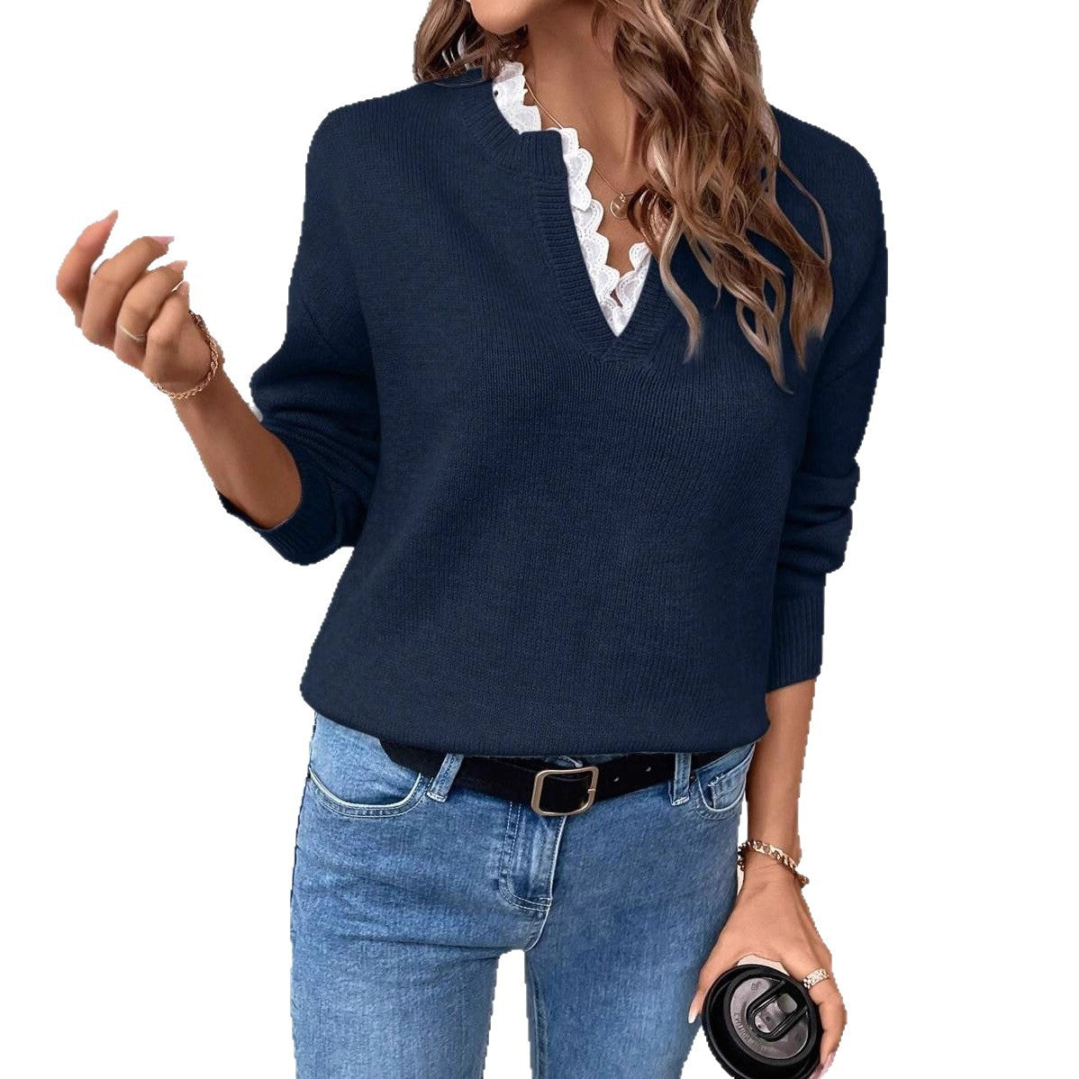 Women's Fashionable Lace Solid Color Loose Long Sweaters