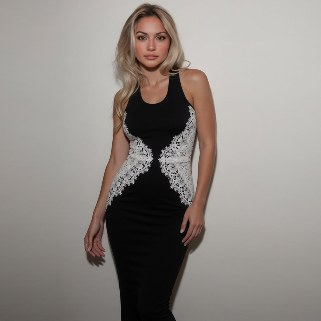Women's Lace Stitching Contrast Color Slim Fit Dresses