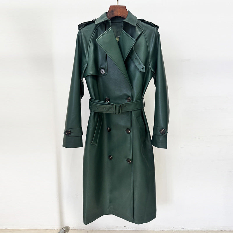 Fashionable Double-breasted Belt Mid-length Leather Wind Coats