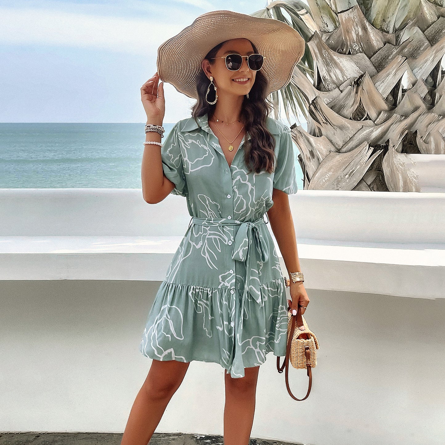 Casual Dress Elegant Geometric Printed Sleeve Shorts
