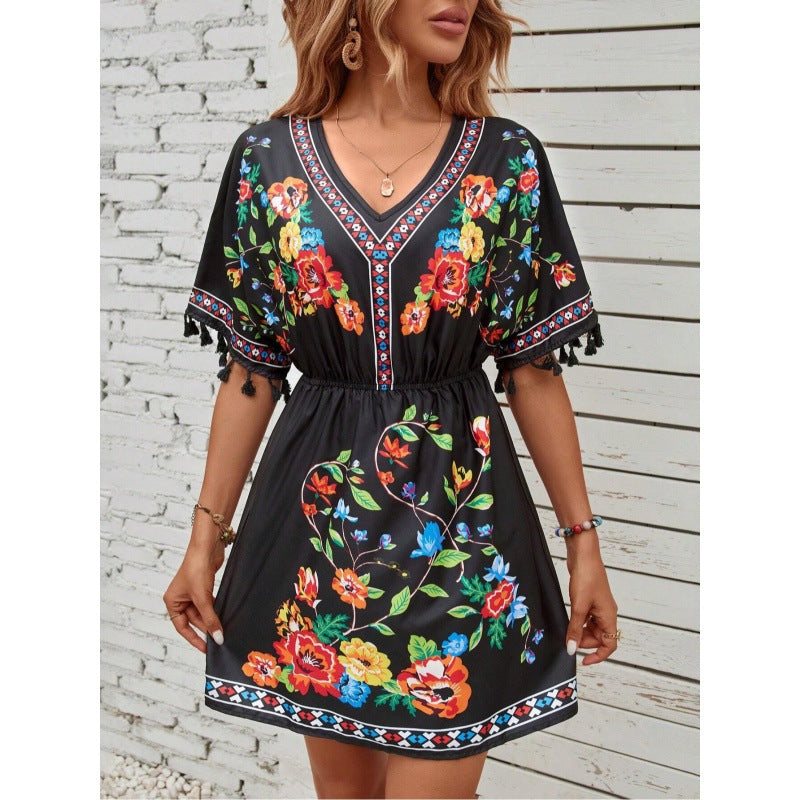Bohemian Retro Ethnic Style Tassel Print Dress