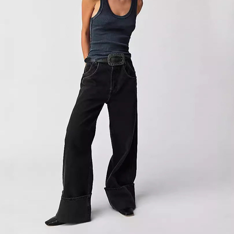 Women's American Style Retro Washed Figure Flattering Curling Loose Women's Jeans