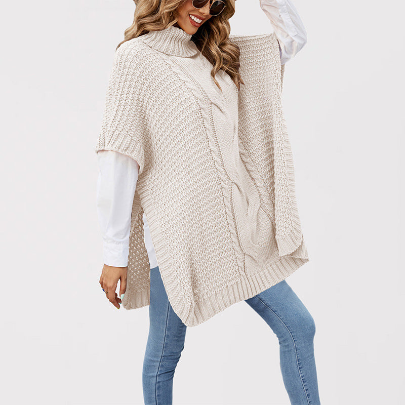 Women's Turtleneck Twist Shawl Loose Half Sleeve Sweaters