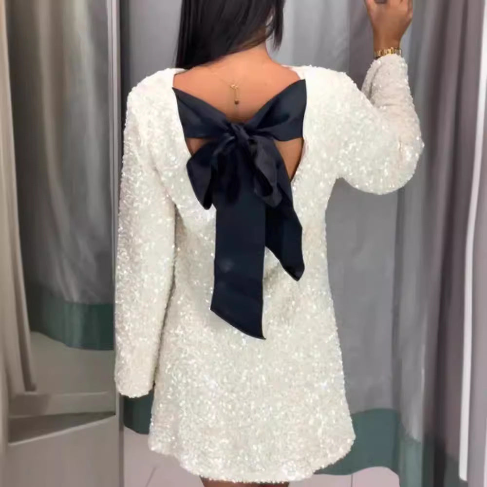 Women's Round Neck Long Sleeve Loose Sequins Glitter Backless Plus Size