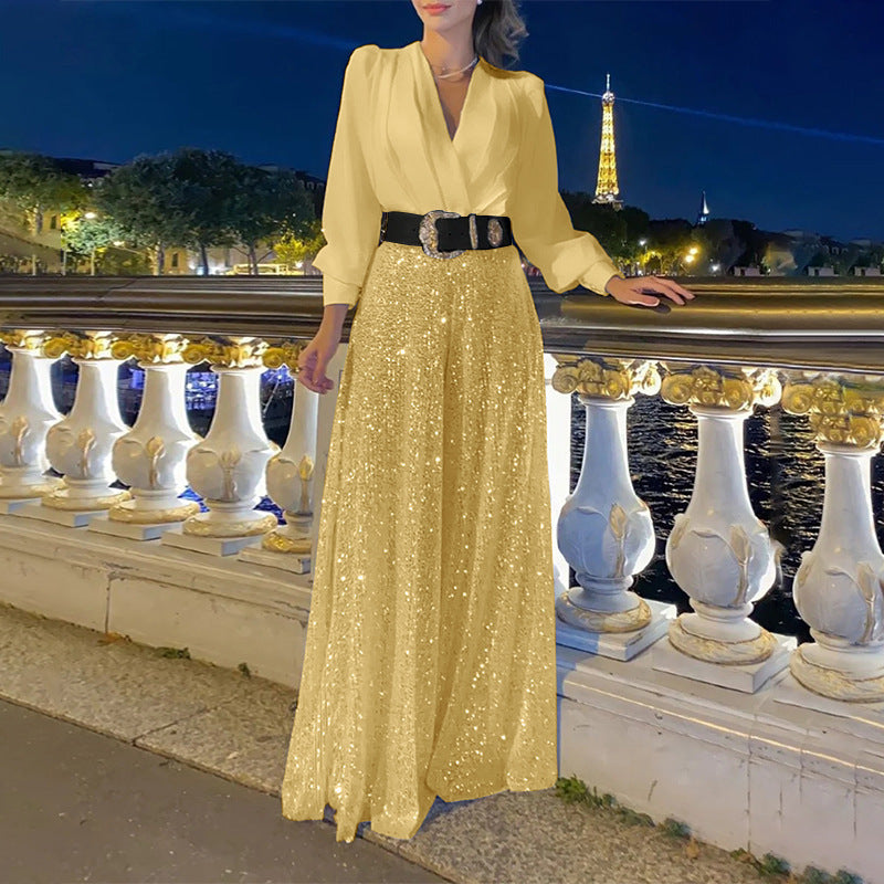 Women's Shirt Elegant Waist Slimming Sequined Wide Women's Jumpsuit/clothing