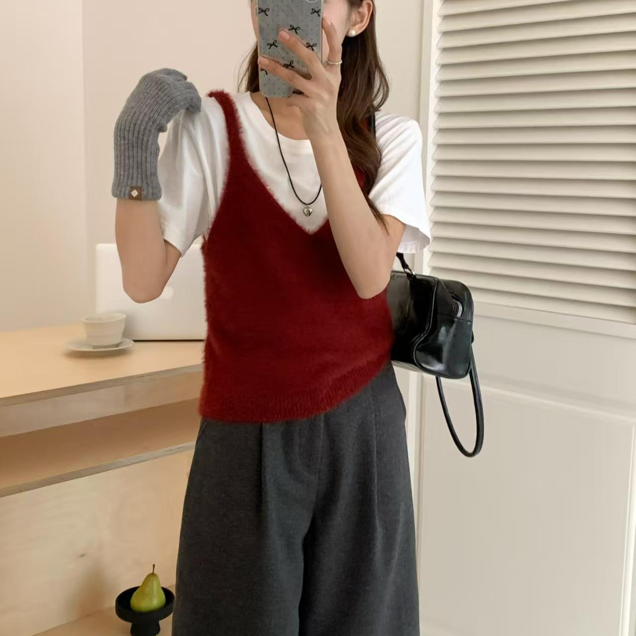 Korean Style Fashion Imitation Mink Simple Bandage Dress Knitted Women's Vest