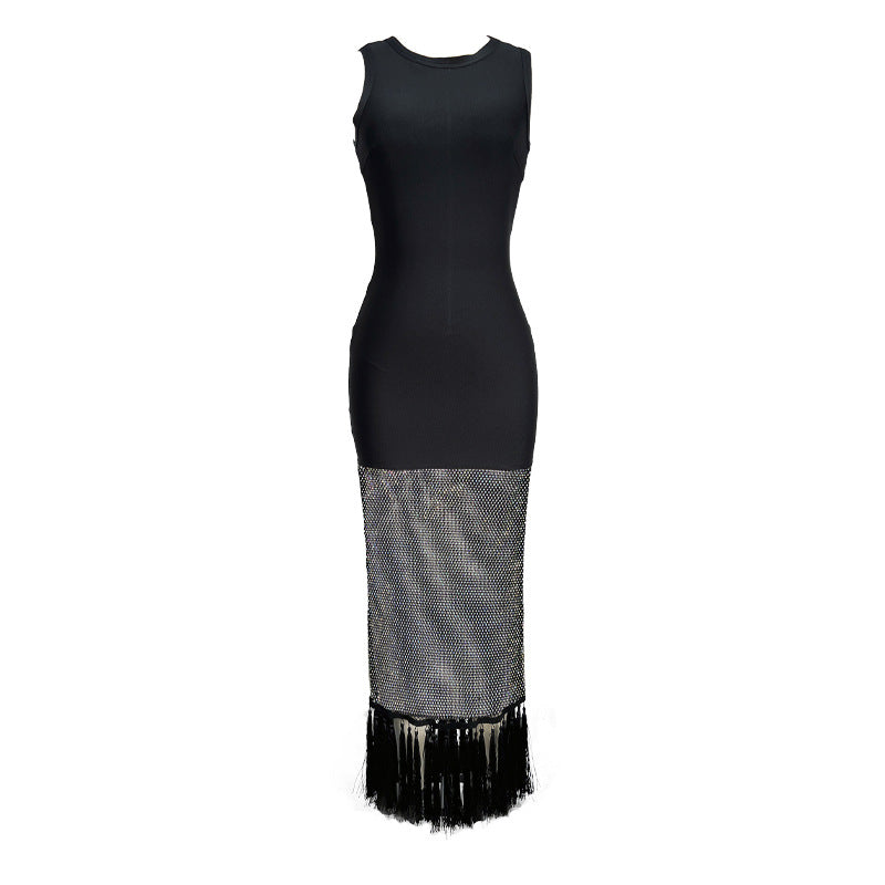 Women's French Style Vacation Fringe Hem Net Drill Sleeveless Bandage Dresses