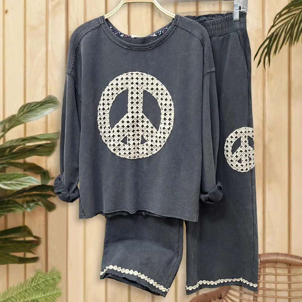 Women's Casual Round Neck Lace Affixed Cloth Suits