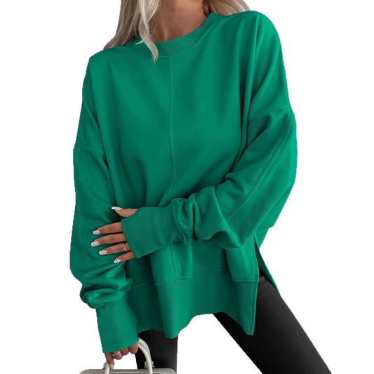 Loose Side Slit Patchwork Round Neck Bat Sleeve Sweaters
