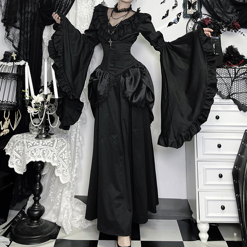 Autumn Lace Stitching Sleeves Ji Dark Blouses