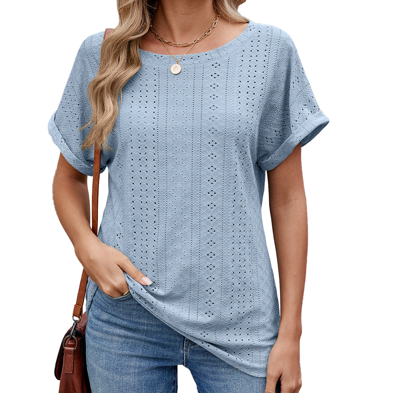 Women's Solid Color Round Neck Sleeves Loose-fitting Casual Women's T-shirt