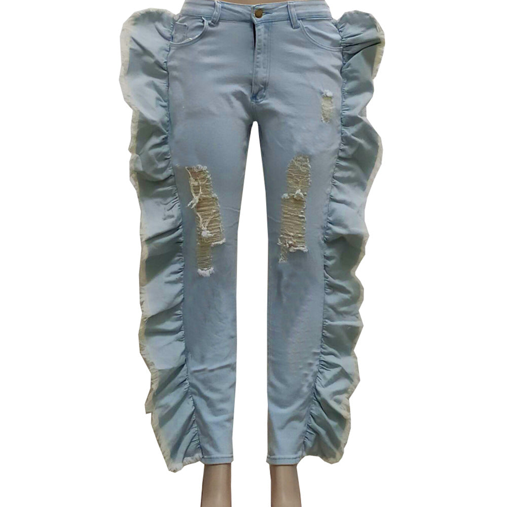 Women's Hand Frayed Side Ruffle Tight Stretch Jeans