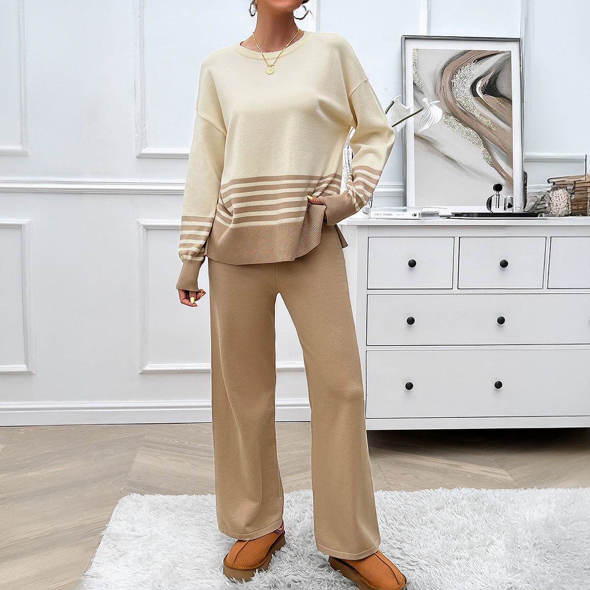Women's Vacation Style Contrast Color Striped Straight Fashion Casual Suit