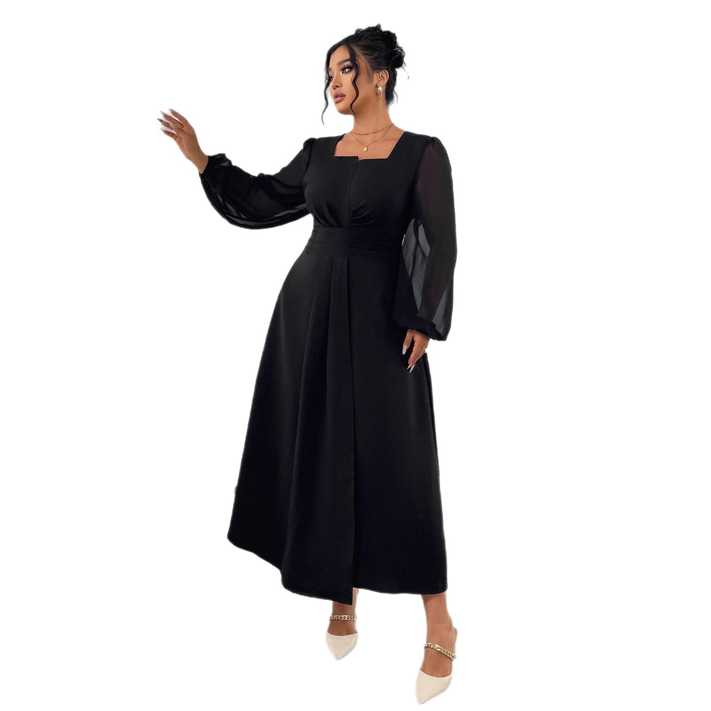 Autumn French Style Temperament Long Dress High Waist Crimp Dresses