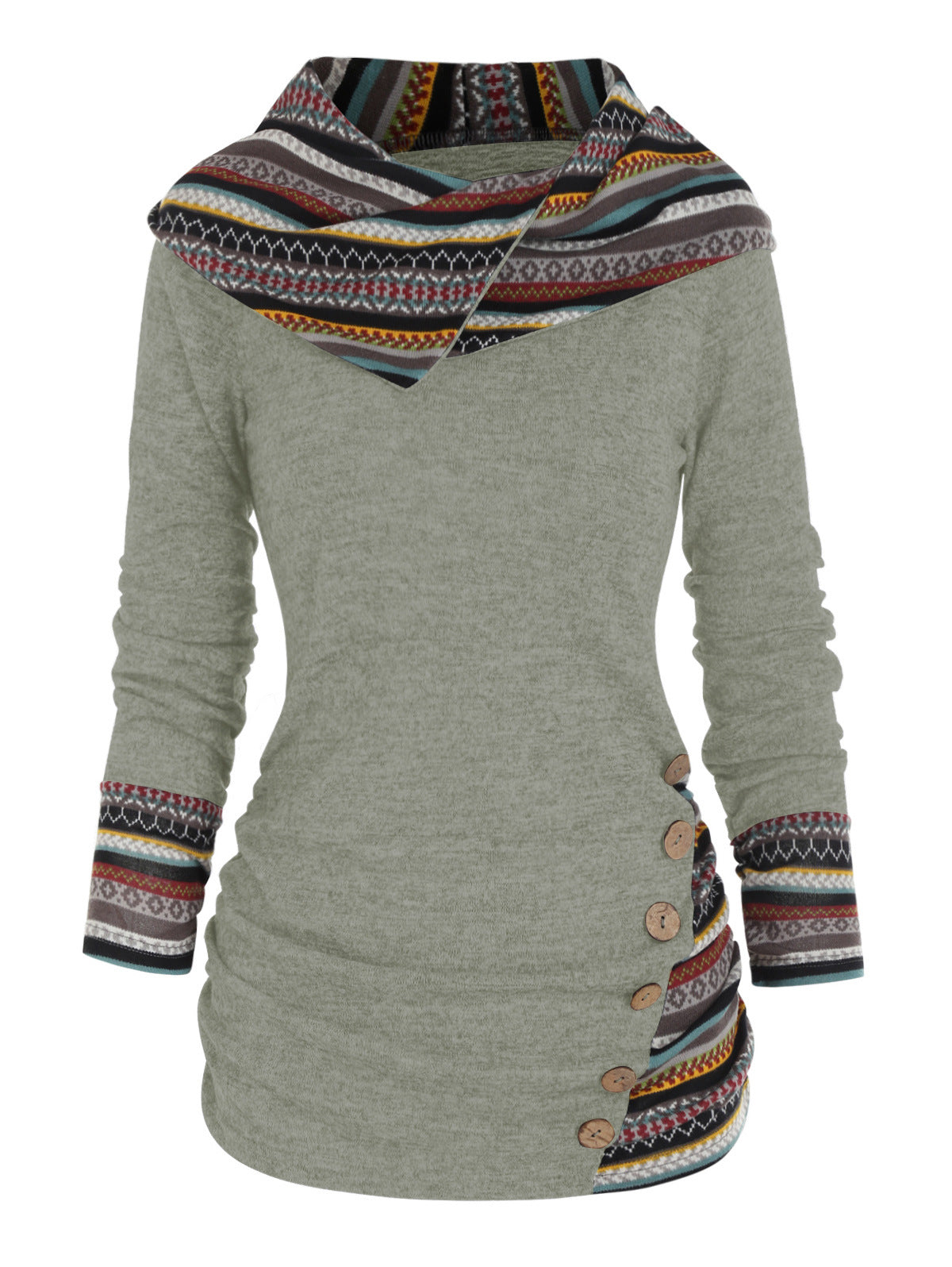 Women's Striped Stitching Hooded Knitted Long Sleeve Button Sweaters