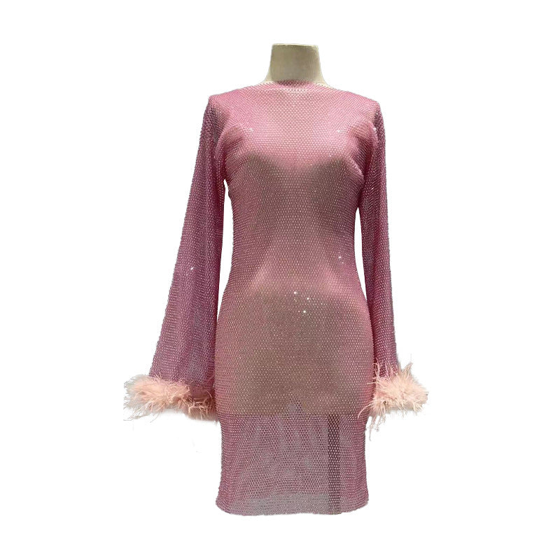 Fashion Luxury Hollow Mesh Ostrich Feather Slimming Bottoming Dresses