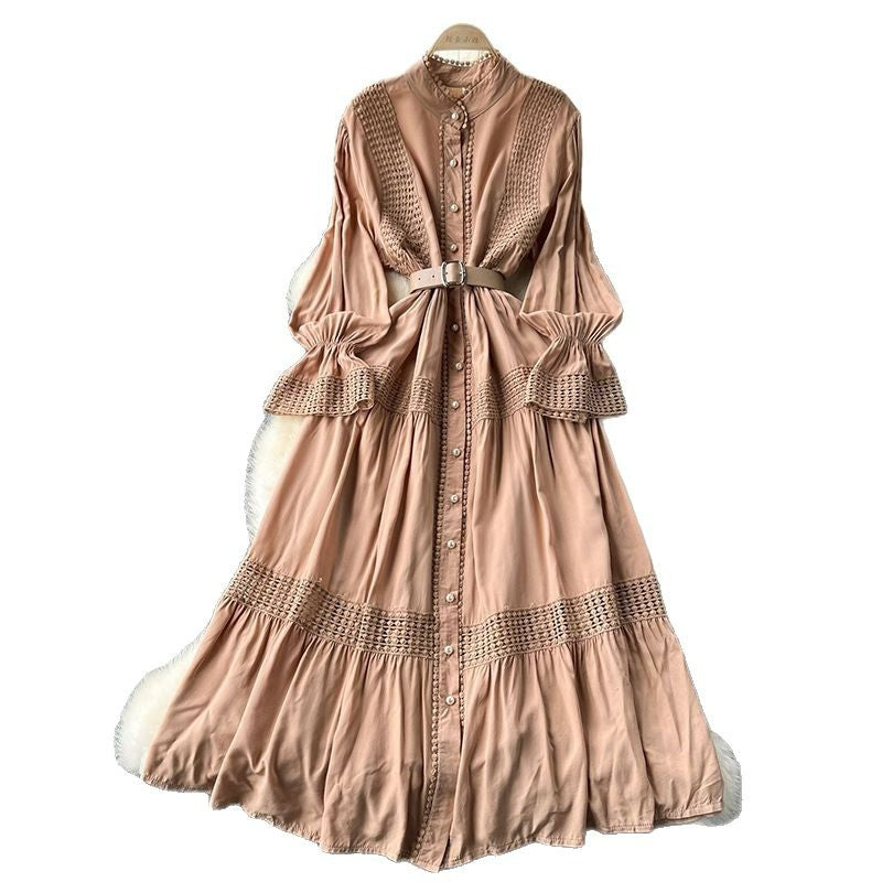 Women's Dress Stand-up Collar Flared Sleeves Waist Single-breasted Dresses