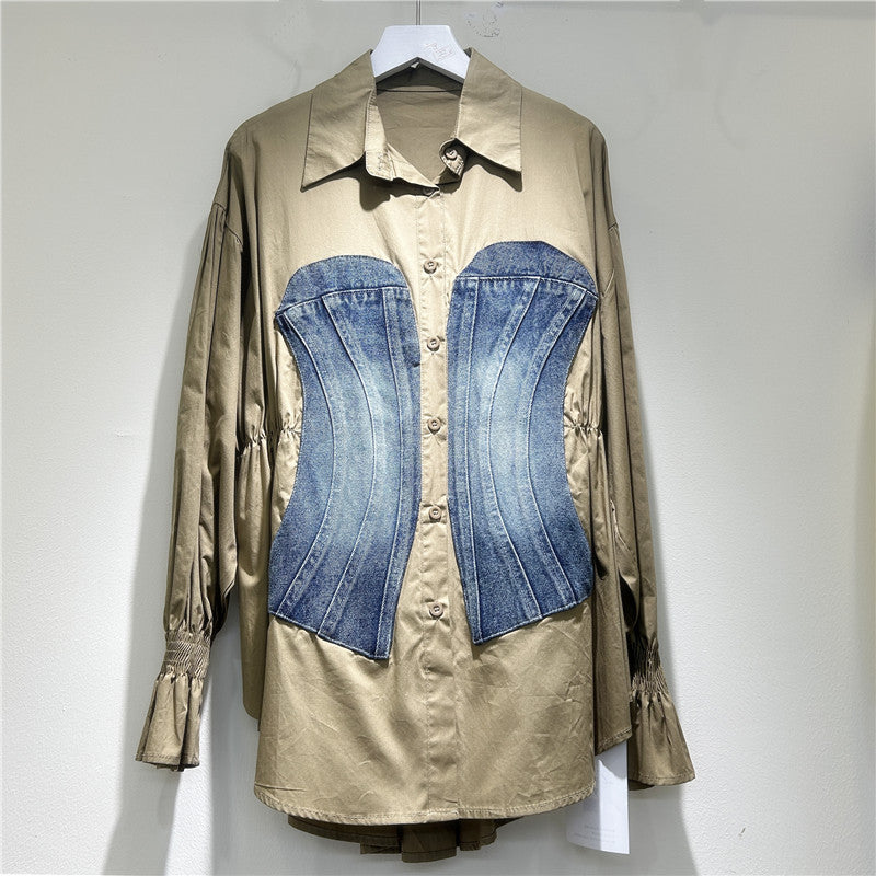 Women's Design Long Sleeve Stitching Denim Waist Blouses