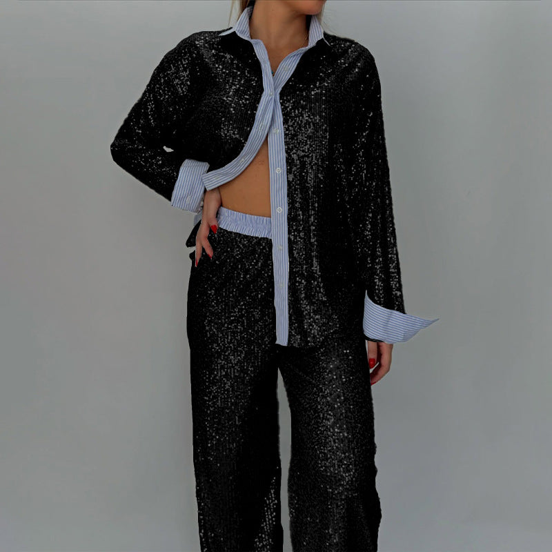 Pretty Loose Sequin Wide Leg Two-piece Fashion Casual Suit
