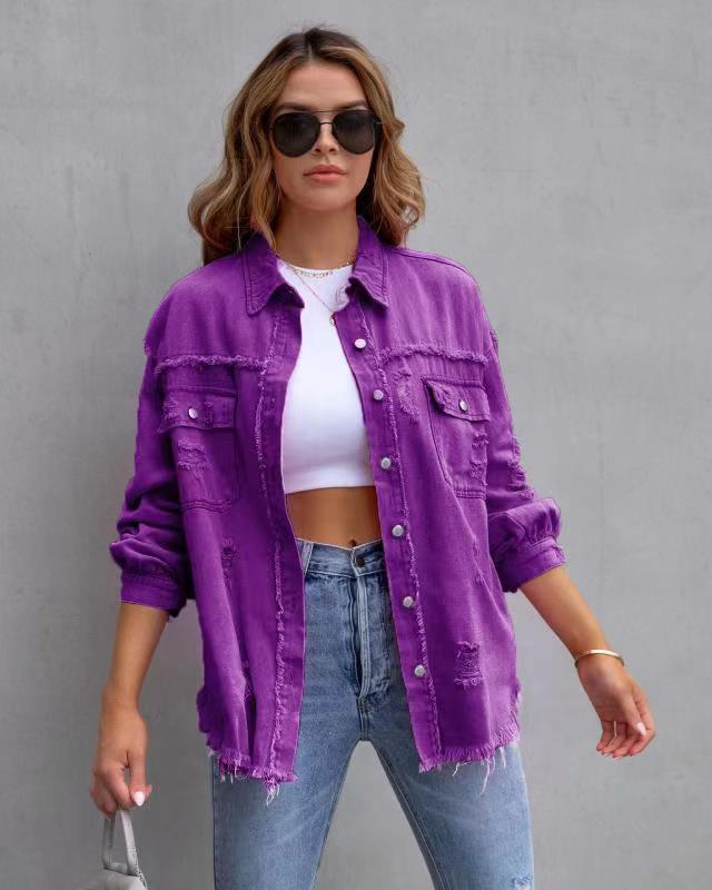Women's Hem Ripped Denim Long-sleeved Casual Polo Jackets