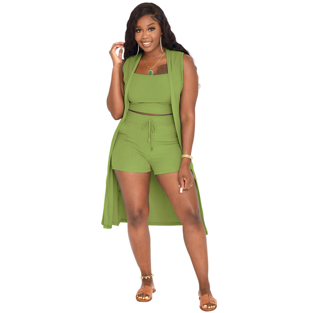 Women's Sunken Stripe Solid Color Three-piece Clothing