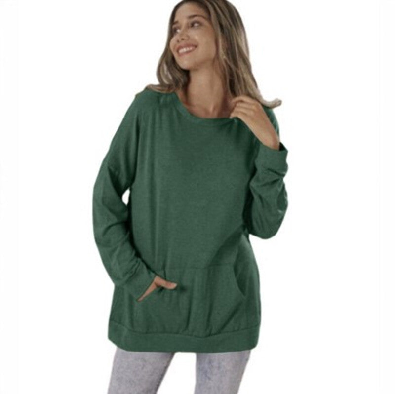 Women's Round Neck Loose Pocket Long Sleeve Tops