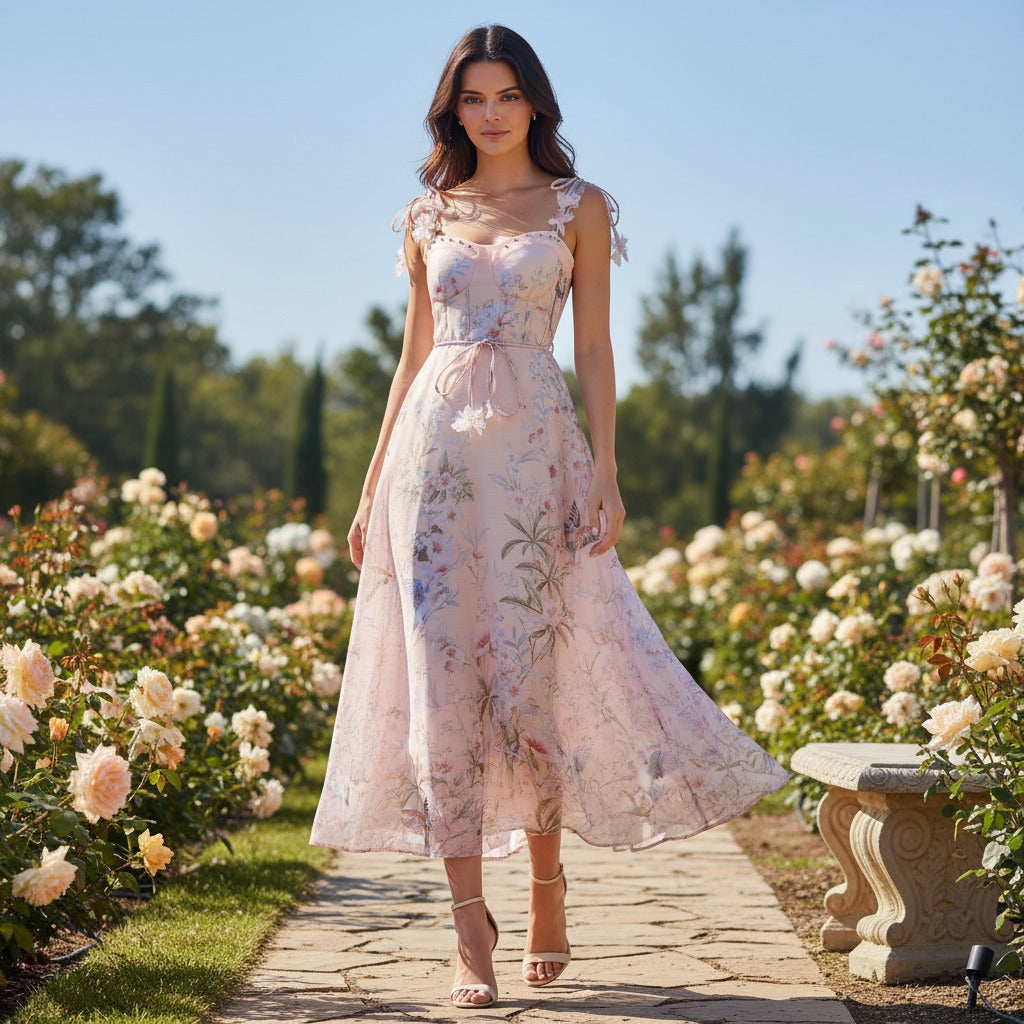 Women's Summer Floral Printed Suspenders Fishbone Fairy Dress Dresses