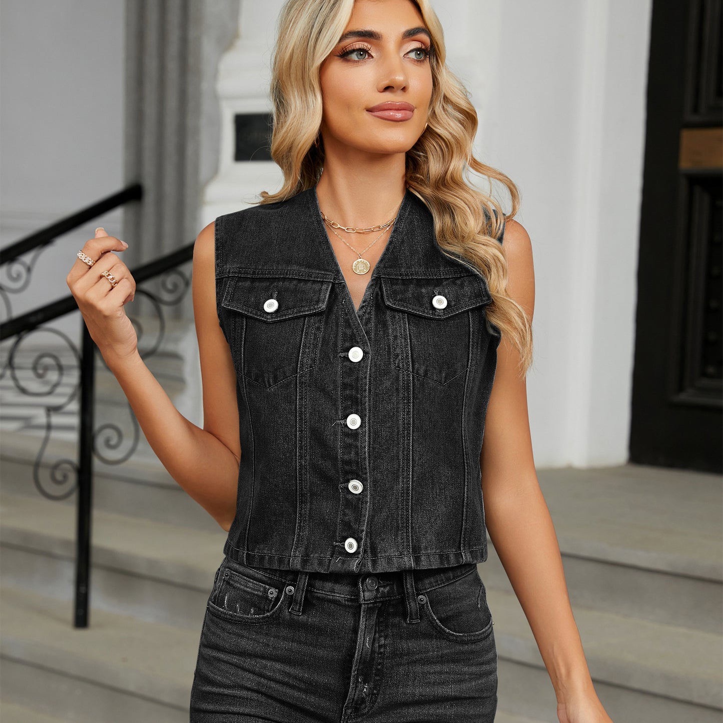 Women's Washed Slim Fit Denim Waistcoat Tops