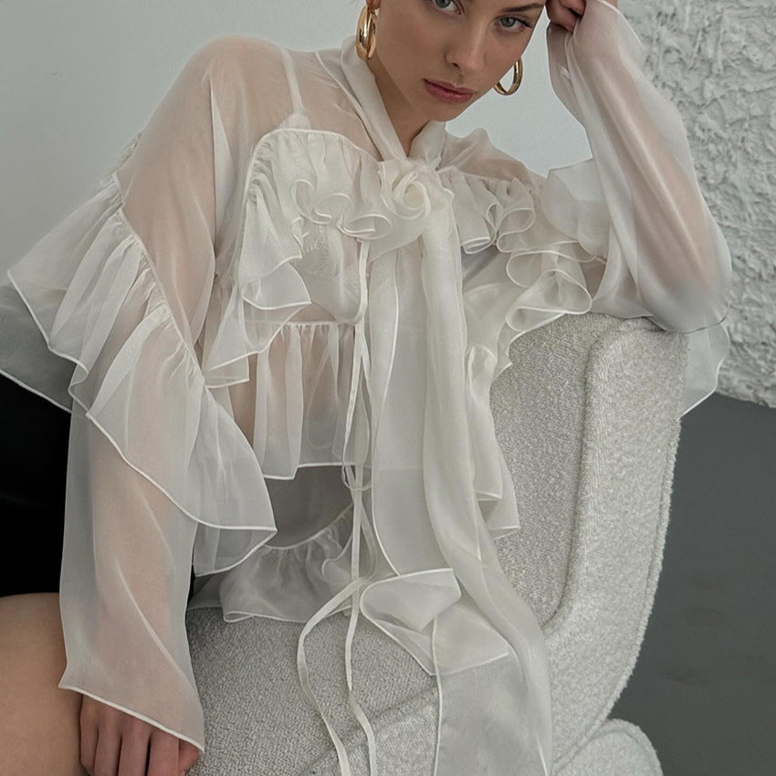 Women's French Ruffled Ribbon Shirt Fashion Wear Blouses