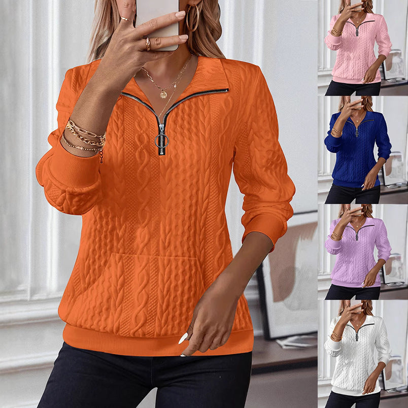 Charming Casual Lapel Sleeve Zipper Pocket Women's Sweater, Sweater