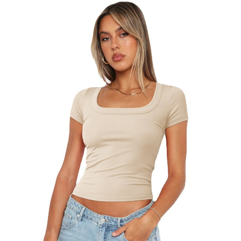 Women's Summer Cropped Slim Fit Square Collar Short-sleeved Thread Vests