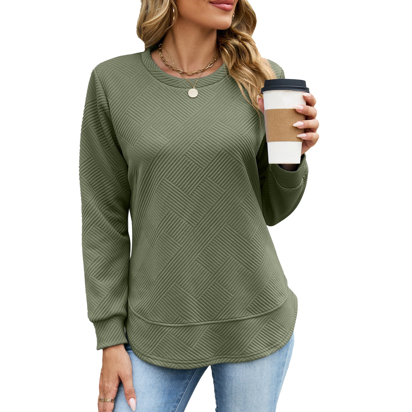 Women's Solid Color Round Neck Loose Long-sleeved Tops