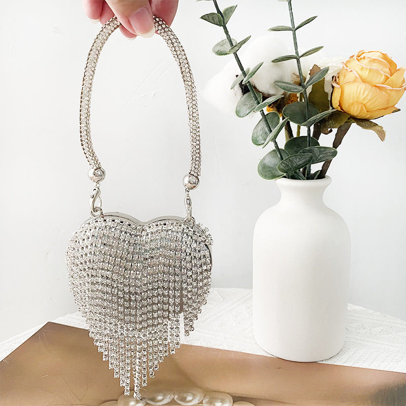 Peach Heart Chain Diamond Glass Stone Evening Bags