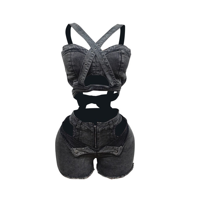 Charming Denim Set Tube Strap Stretch Tops